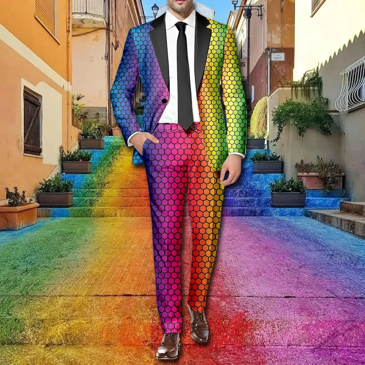 Mens 2 Piece Tuxedo Suit Set Rainbow Print Floral Party Dress Jacket Coat Slim Fit Button Blazer Pants with Pockets