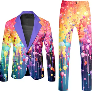 Mens 2 Piece Tuxedo Suit Set Rainbow Print Floral Party Dress Jacket Coat Slim Fit Button Blazer Pants with Pockets