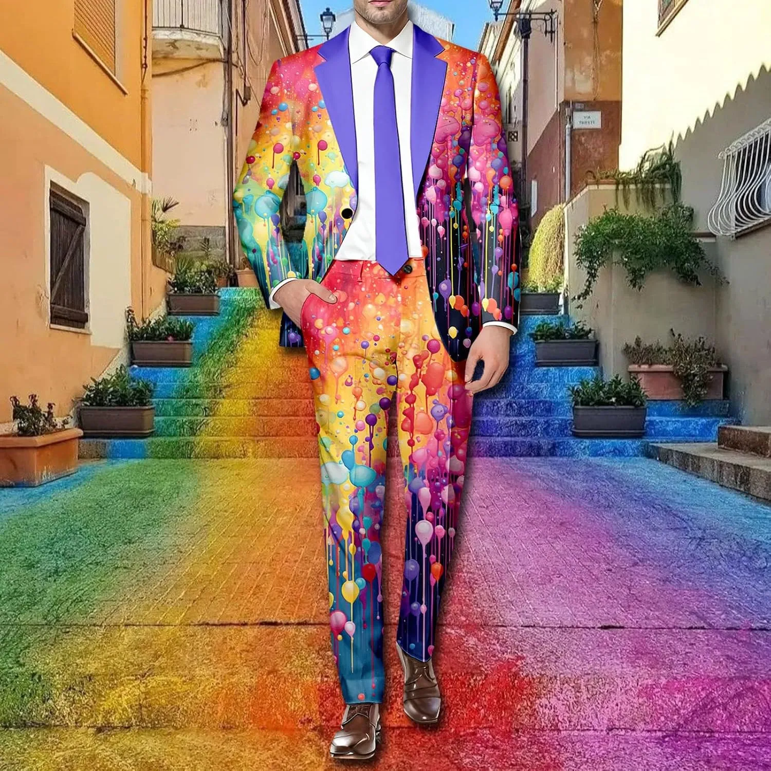 Mens 2 Piece Tuxedo Suit Set Rainbow Print Floral Party Dress Jacket Coat Slim Fit Button Blazer Pants with Pockets