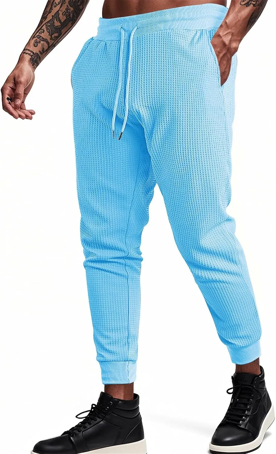 Mens Cargo Work Pants Waffle Drawstring Elastic Waist Casual Loose Relaxed Fit Breathable Stretch Hiking Sweatpants