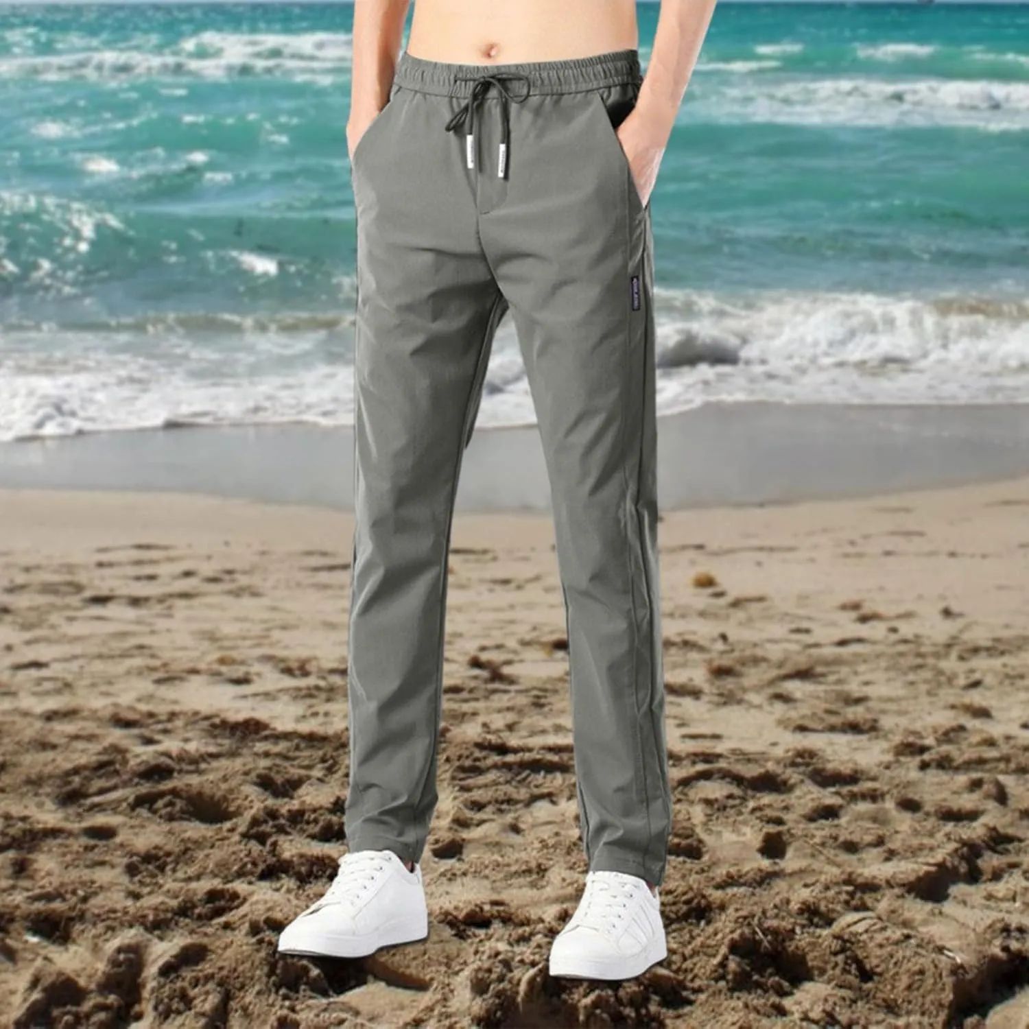Men's Cotton Linen Pants Stretch Elastic Waist Joggers Relaxed Fit Overalls Hiking Hunting Work Trousers