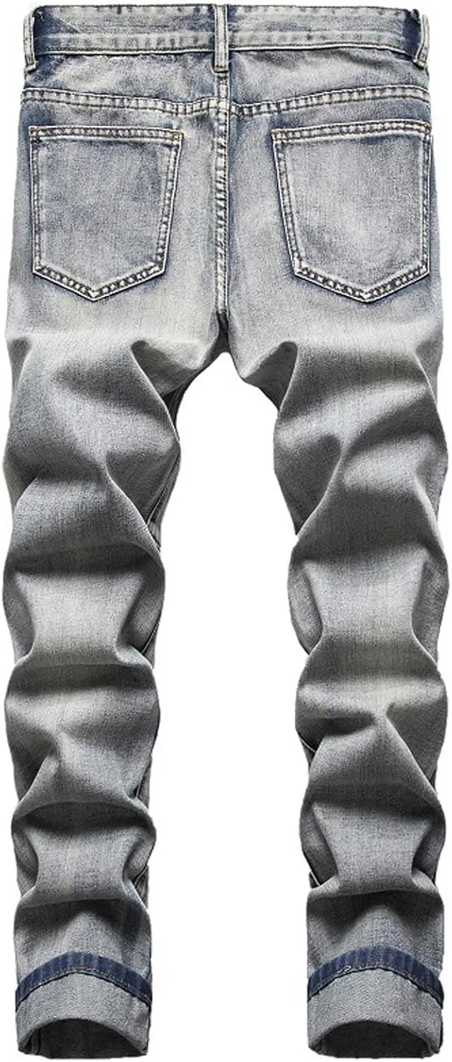 Men's Distressed Ripped Denim Pants Stretch Skinny Jeans Zipper Casual Straight Leg Washed Regular Fit Jeans Pants