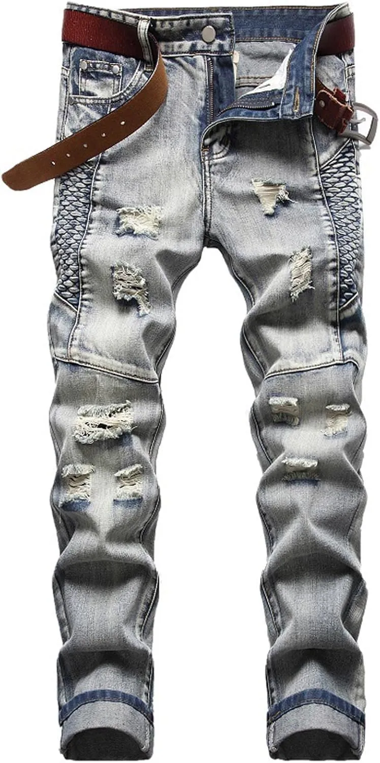 Men's Distressed Ripped Denim Pants Stretch Skinny Jeans Zipper Casual Straight Leg Washed Regular Fit Jeans Pants