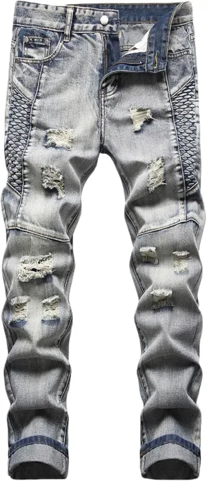 Men's Distressed Ripped Denim Pants Stretch Skinny Jeans Zipper Casual Straight Leg Washed Regular Fit Jeans Pants