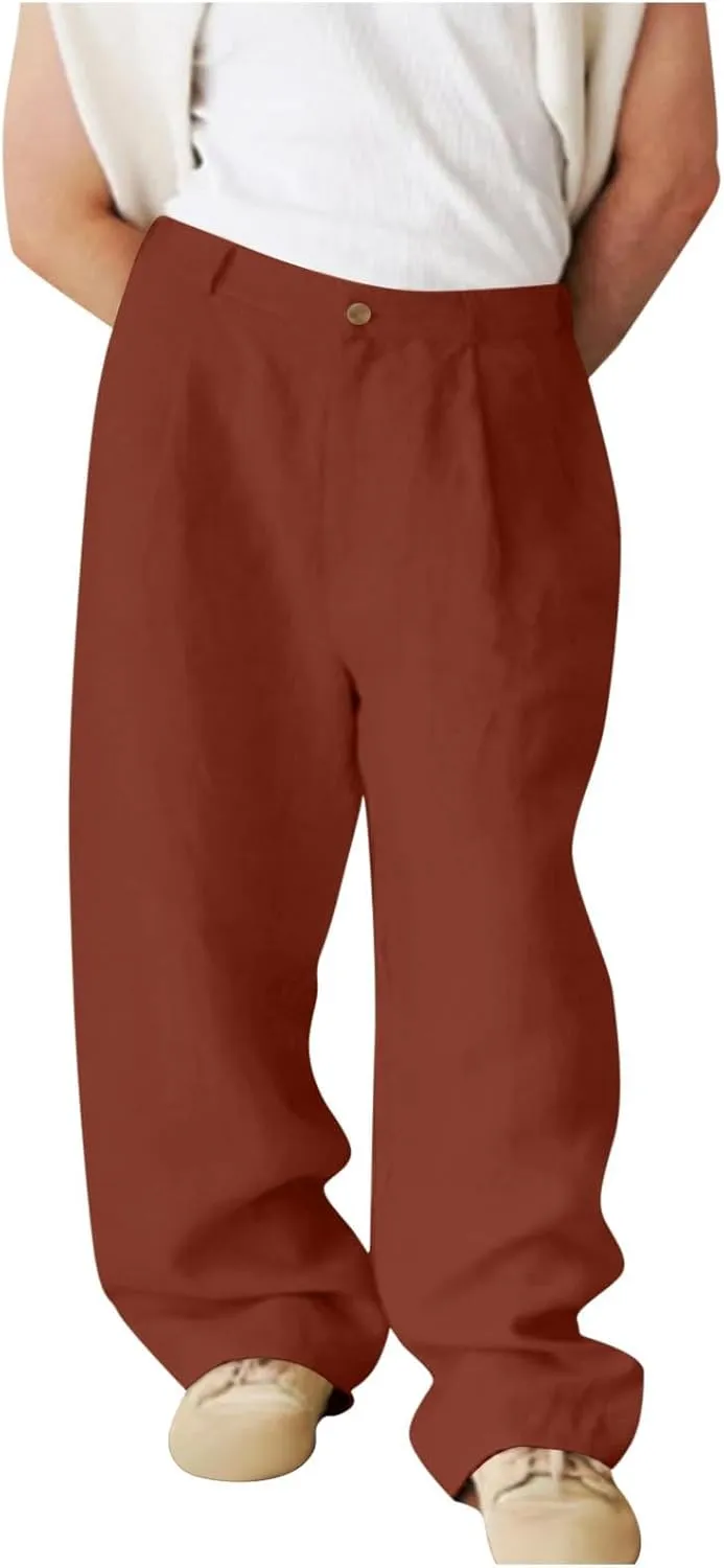 Mens Linen Pants Slim Casual Business Trousers Loose Stretch Elastic Waist Solid Straight Outdoor Sports Pants