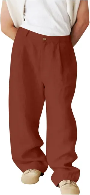 Mens Linen Pants Slim Casual Business Trousers Loose Stretch Elastic Waist Solid Straight Outdoor Sports Pants