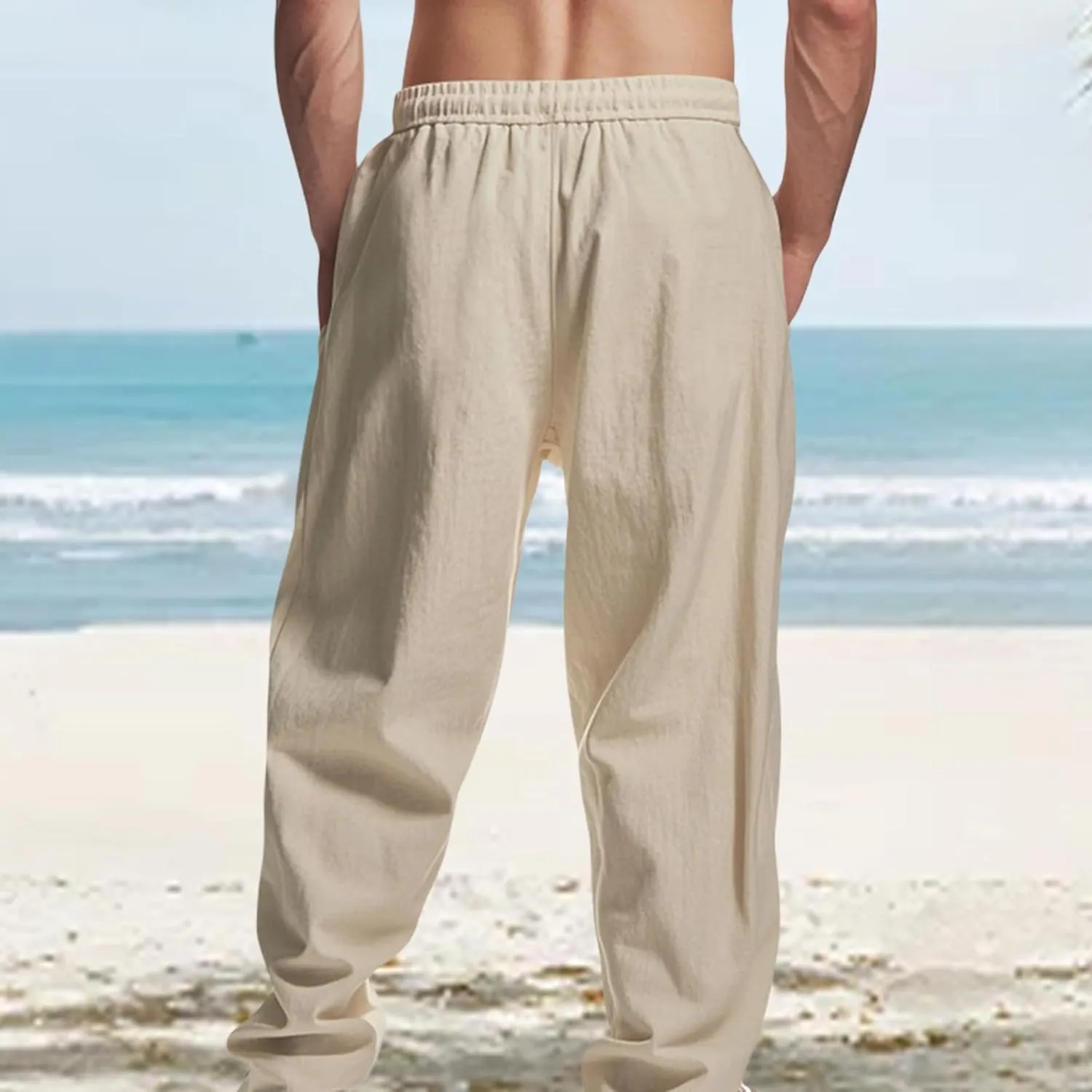 Mens Linen Pants Wide Leg Elastic Waist Casual Hippie Vintage Loose Fit Trousers Yoga Outdoor Sweatpants with Pockets