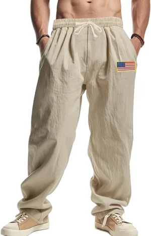 Mens Linen Pants Wide Leg Elastic Waist Casual Hippie Vintage Loose Fit Trousers Yoga Outdoor Sweatpants with Pockets