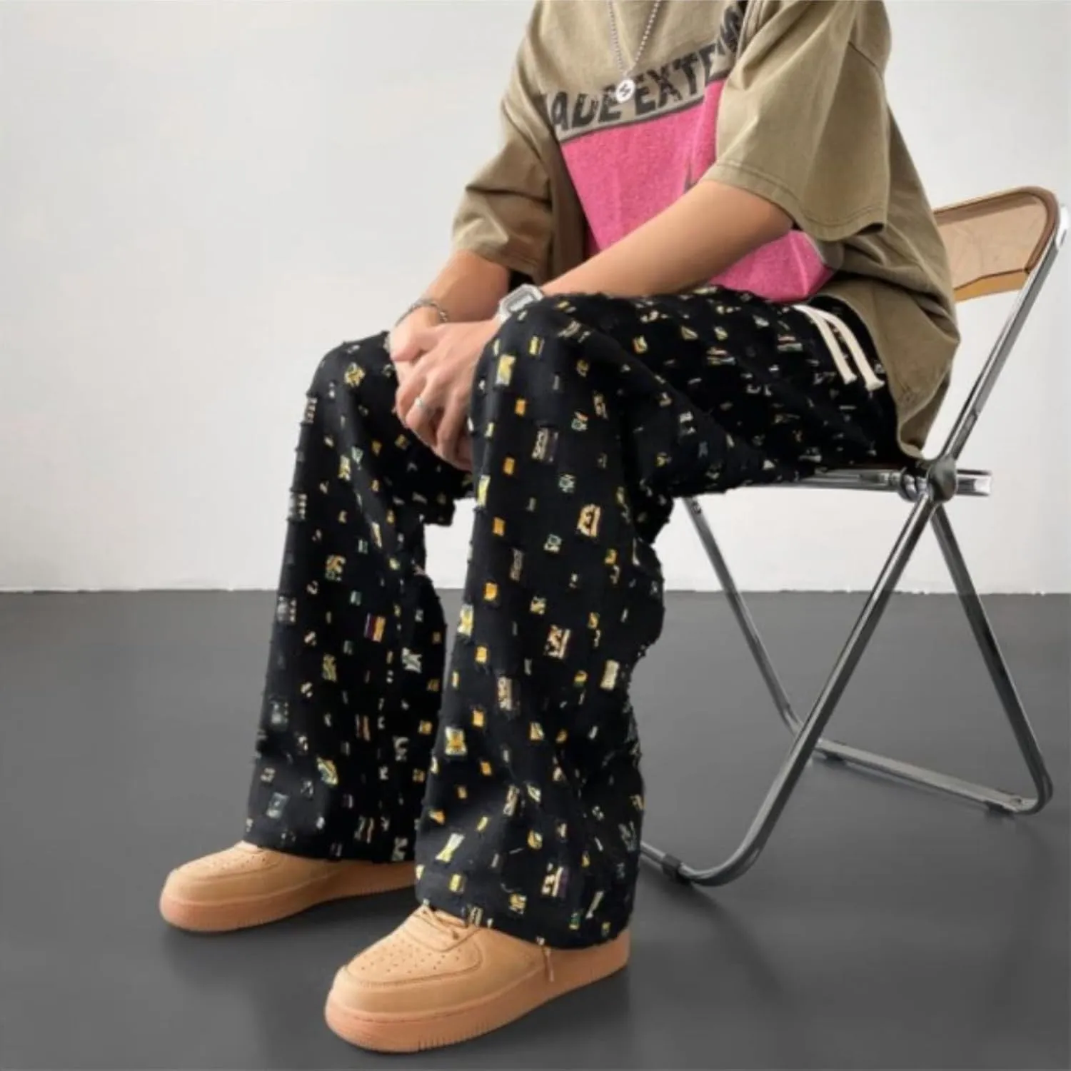 Mens Stacked Sweatpants Open Bottom Casual Fashion Streetwear Fall Trousers Relaxed Fit Straight Leg Pants