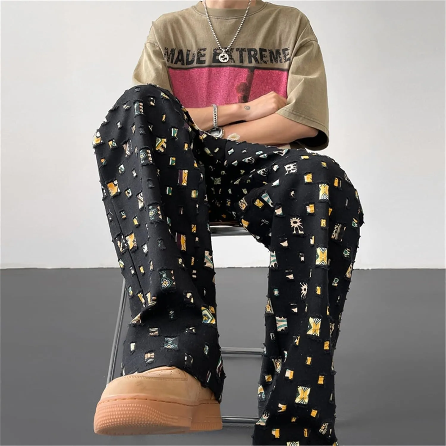 Mens Stacked Sweatpants Open Bottom Casual Fashion Streetwear Fall Trousers Relaxed Fit Straight Leg Pants