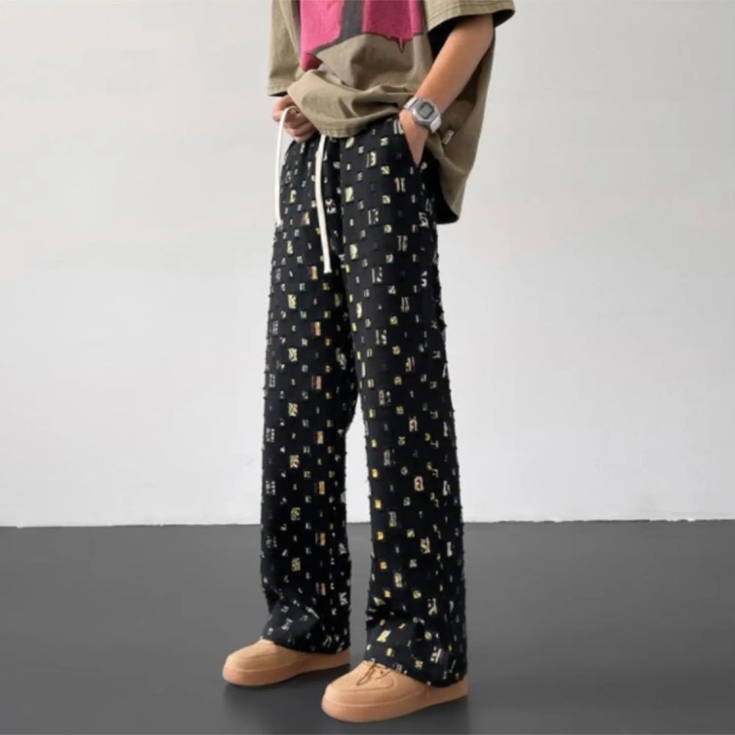 Mens Stacked Sweatpants Open Bottom Casual Fashion Streetwear Fall Trousers Relaxed Fit Straight Leg Pants