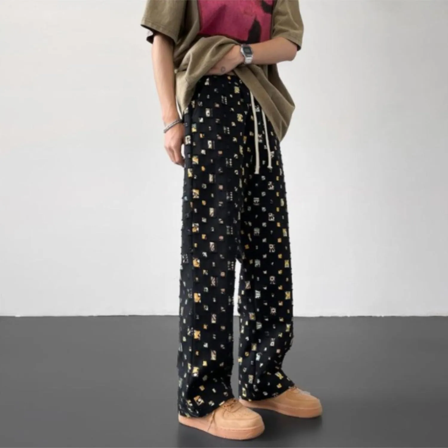 Mens Stacked Sweatpants Open Bottom Casual Fashion Streetwear Fall Trousers Relaxed Fit Straight Leg Pants