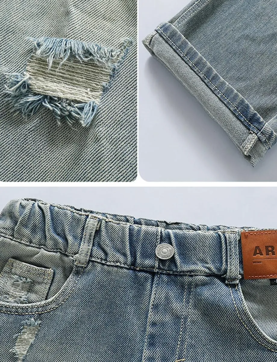 NABER Kids Girls Elastic Waist Cool Ripped Jeans Washed Denim Wide Leg Ripped Denim Jean Age 5-15 Years