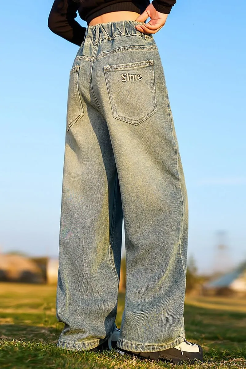 NABER Kids Girls Elastic Waist Cool Ripped Jeans Washed Denim Wide Leg Ripped Denim Jean Age 5-15 Years