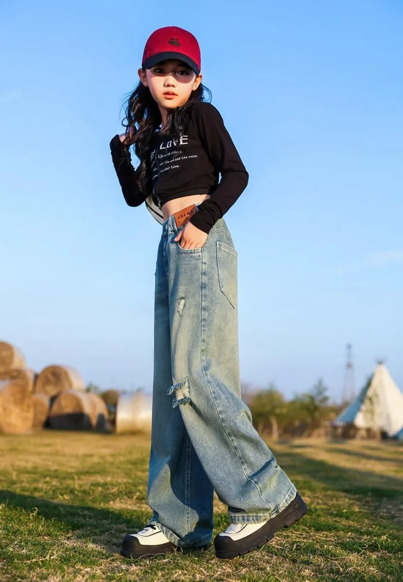 NABER Kids Girls Elastic Waist Cool Ripped Jeans Washed Denim Wide Leg Ripped Denim Jean Age 5-15 Years