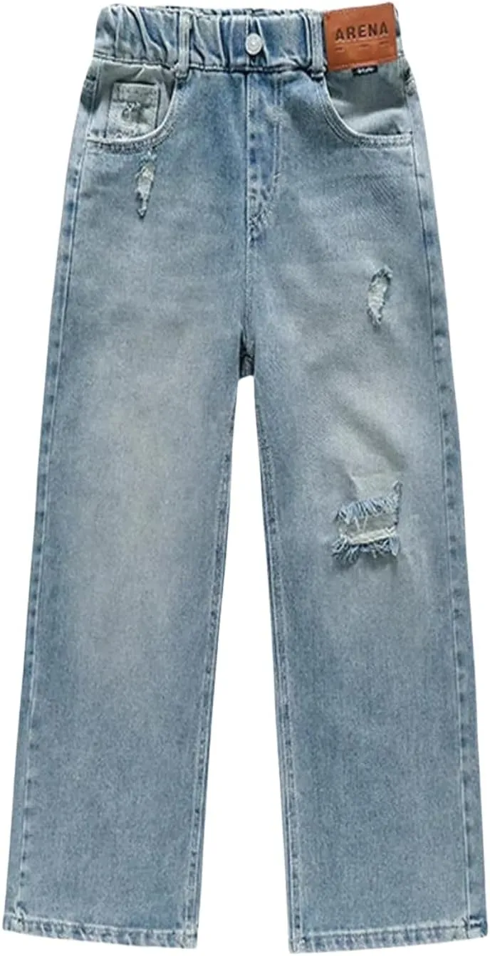NABER Kids Girls Elastic Waist Cool Ripped Jeans Washed Denim Wide Leg Ripped Denim Jean Age 5-15 Years