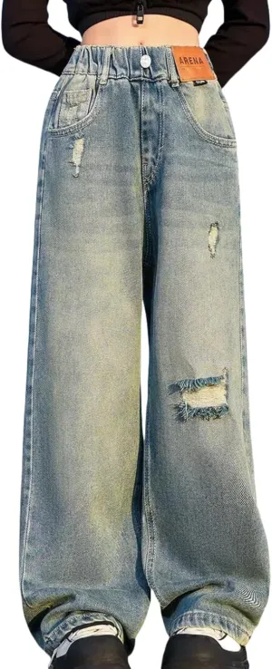 NABER Kids Girls Elastic Waist Cool Ripped Jeans Washed Denim Wide Leg Ripped Denim Jean Age 5-15 Years
