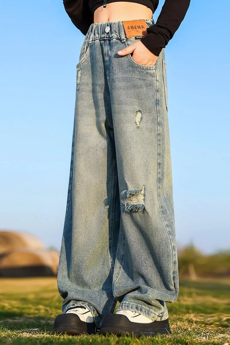 NABER Kids Girls Elastic Waist Cool Ripped Jeans Washed Denim Wide Leg Ripped Denim Jean Age 5-15 Years
