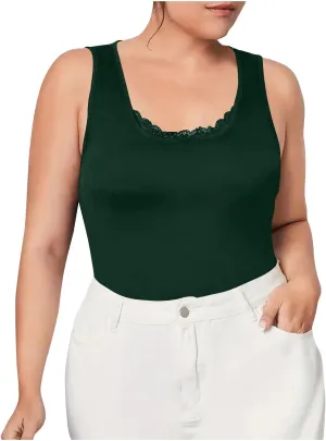 Plus Size Fitted Camisole for Women, Lace Trim U Neck Tank Tops Soft Stretch Cami Shirts Sleeveless Basic Undershrit