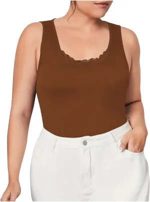 Plus Size Fitted Camisole for Women, Lace Trim U Neck Tank Tops Soft Stretch Cami Shirts Sleeveless Basic Undershrit