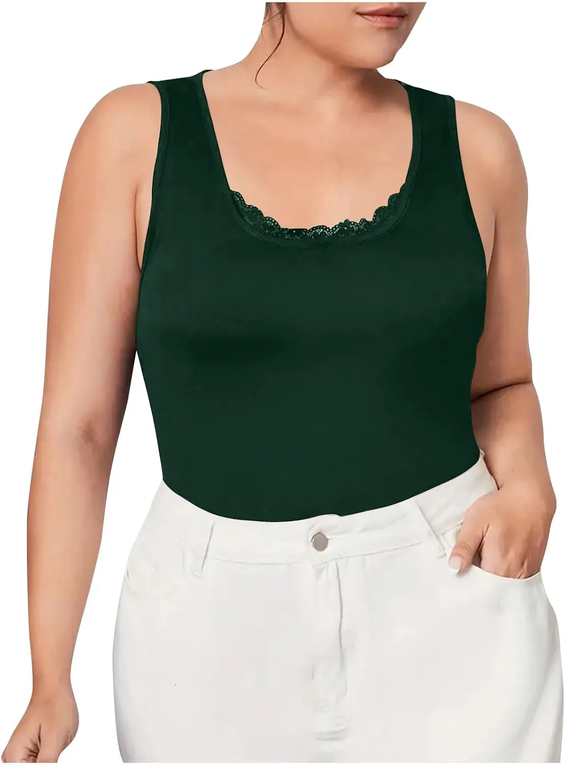 Plus Size Fitted Camisole for Women, Lace Trim U Neck Tank Tops Soft Stretch Cami Shirts Sleeveless Basic Undershrit