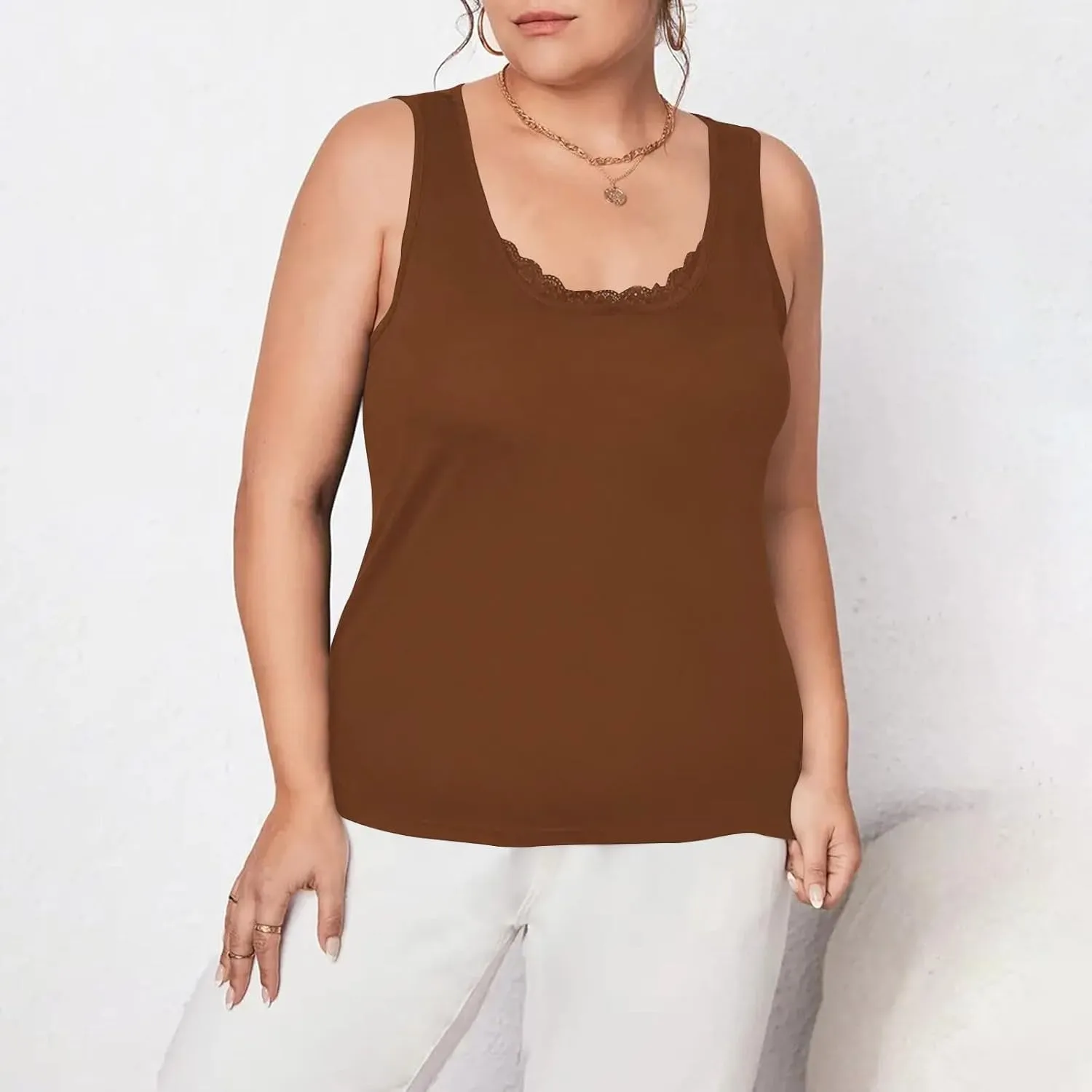 Plus Size Fitted Camisole for Women, Lace Trim U Neck Tank Tops Soft Stretch Cami Shirts Sleeveless Basic Undershrit