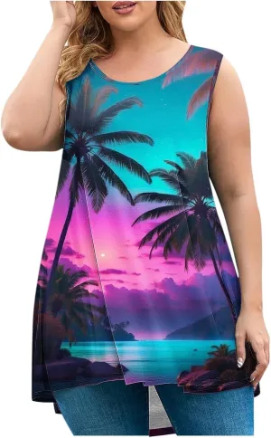 Plus Size Tank Tops Women Sunshine Graphic Sleeveless Vintage Travel Vacation Tops Summer Beach Shirts Hide Belly Tees