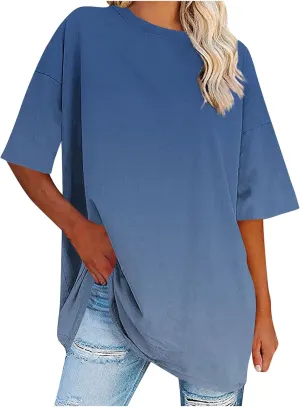 Plus Size Tops for Women Dressy Casual Summer Trendy Gradient Color Crewneck Short Sleeve Loose Fit Oversized Tshirts