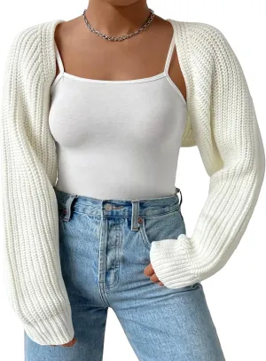 Plus Size Women's Long Sleeve Open Front Crop Cardigan Drop Shoulder Shrug Oversized Ribbed Knit Bolero Sweater