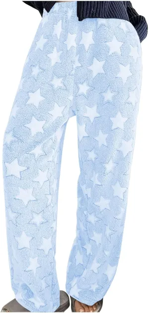 Plush Pajama Pants Women Fluffy Fleece Lounge Pants Fuzzy Warm Pj Bottoms Star Graphic Flannel Loungewear Pants