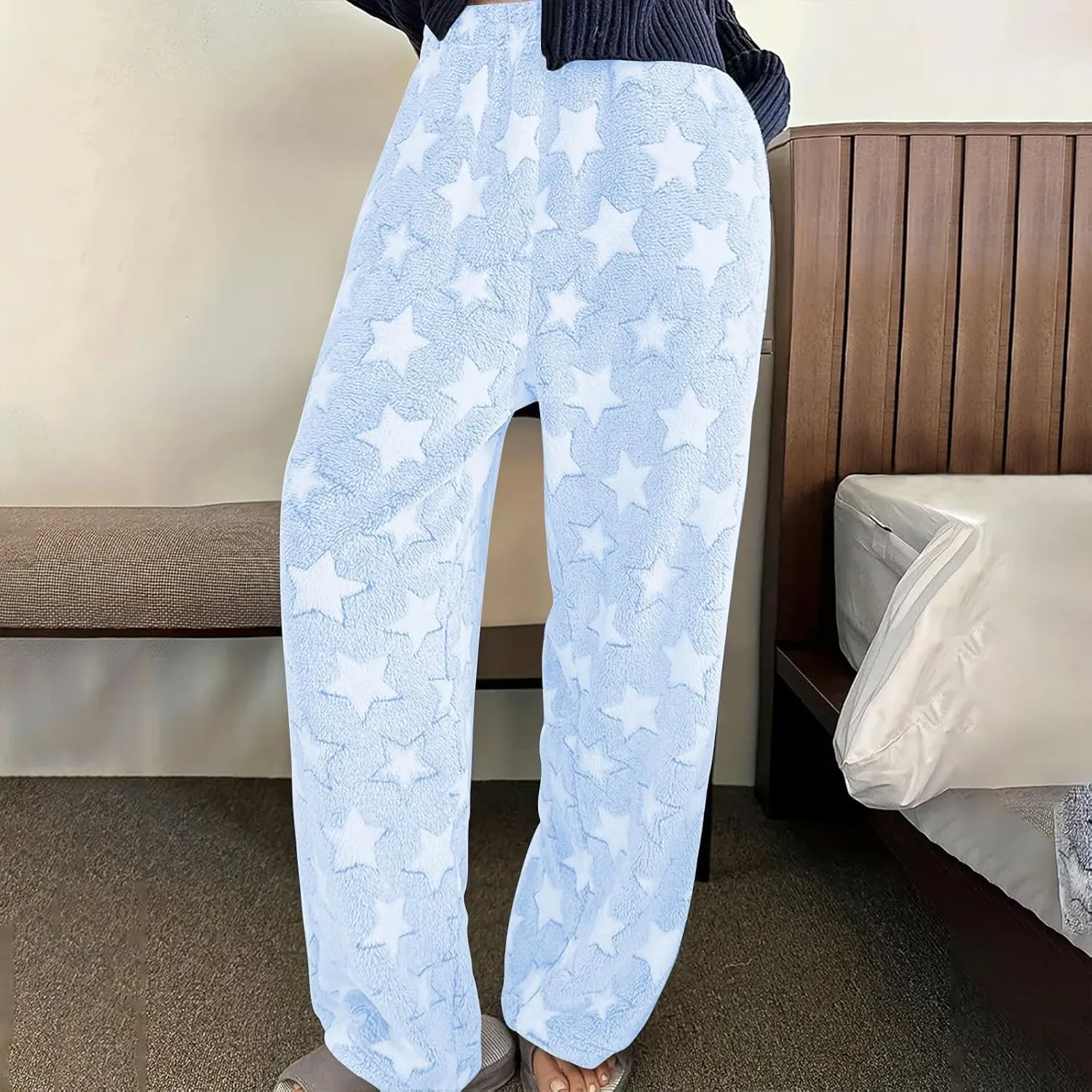 Plush Pajama Pants Women Fluffy Fleece Lounge Pants Fuzzy Warm Pj Bottoms Star Graphic Flannel Loungewear Pants