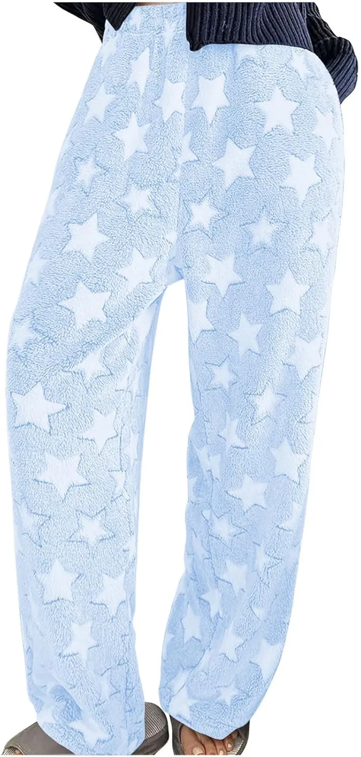 Plush Pajama Pants Women Fluffy Fleece Lounge Pants Fuzzy Warm Pj Bottoms Star Graphic Flannel Loungewear Pants
