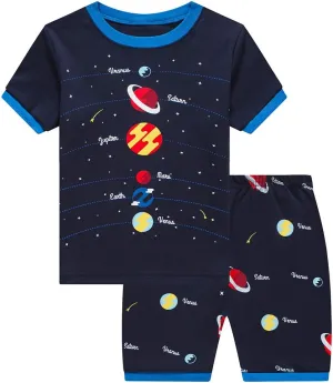 Popshion Boys Pajamas 100% Cotton Toddler Clothes Summer Pjs for Boy Planet Dinosaur Sleepwear Kids Short Sets 2-10 Years