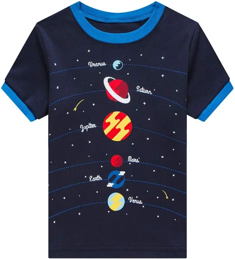 Popshion Boys Pajamas 100% Cotton Toddler Clothes Summer Pjs for Boy Planet Dinosaur Sleepwear Kids Short Sets 2-10 Years
