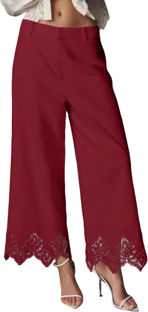 PRETTODAY Women's Lace Crochet Wide Leg Pants High Waisted Linen Blend Cropped Loose Lounge Trousers