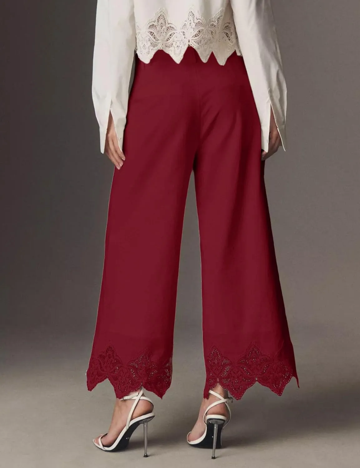 PRETTODAY Women's Lace Crochet Wide Leg Pants High Waisted Linen Blend Cropped Loose Lounge Trousers