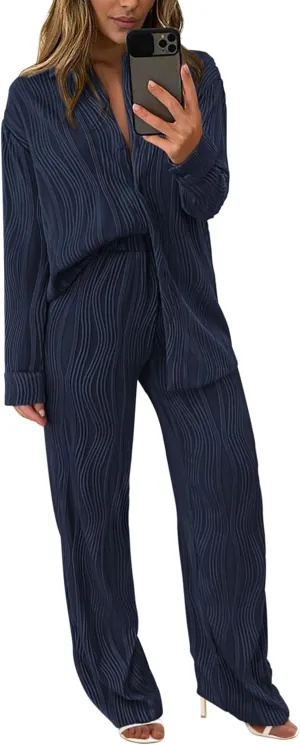 PRETTYGARDEN Women's 2 Piece Textured Sets Casual Button Down Shirt Wide Leg Pants Outfit Loungewear Tracksuit