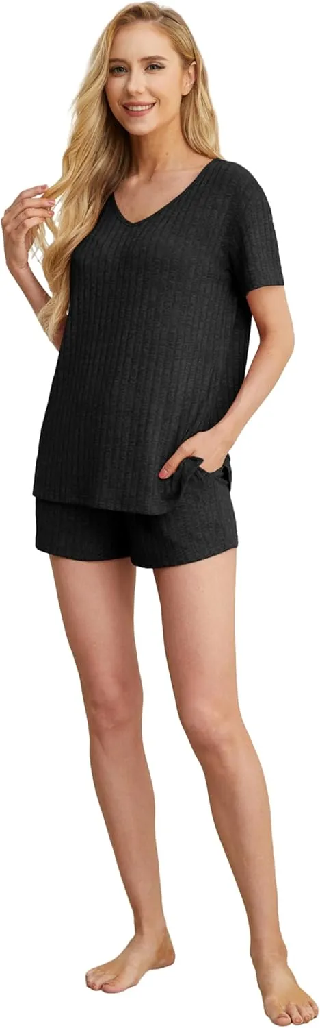 QIXING Womens Ribbed Knit Lounge Set Short Sleeve Top and Shorts Sleepwear Pajama Set Two Piece Shorts Outfits Set