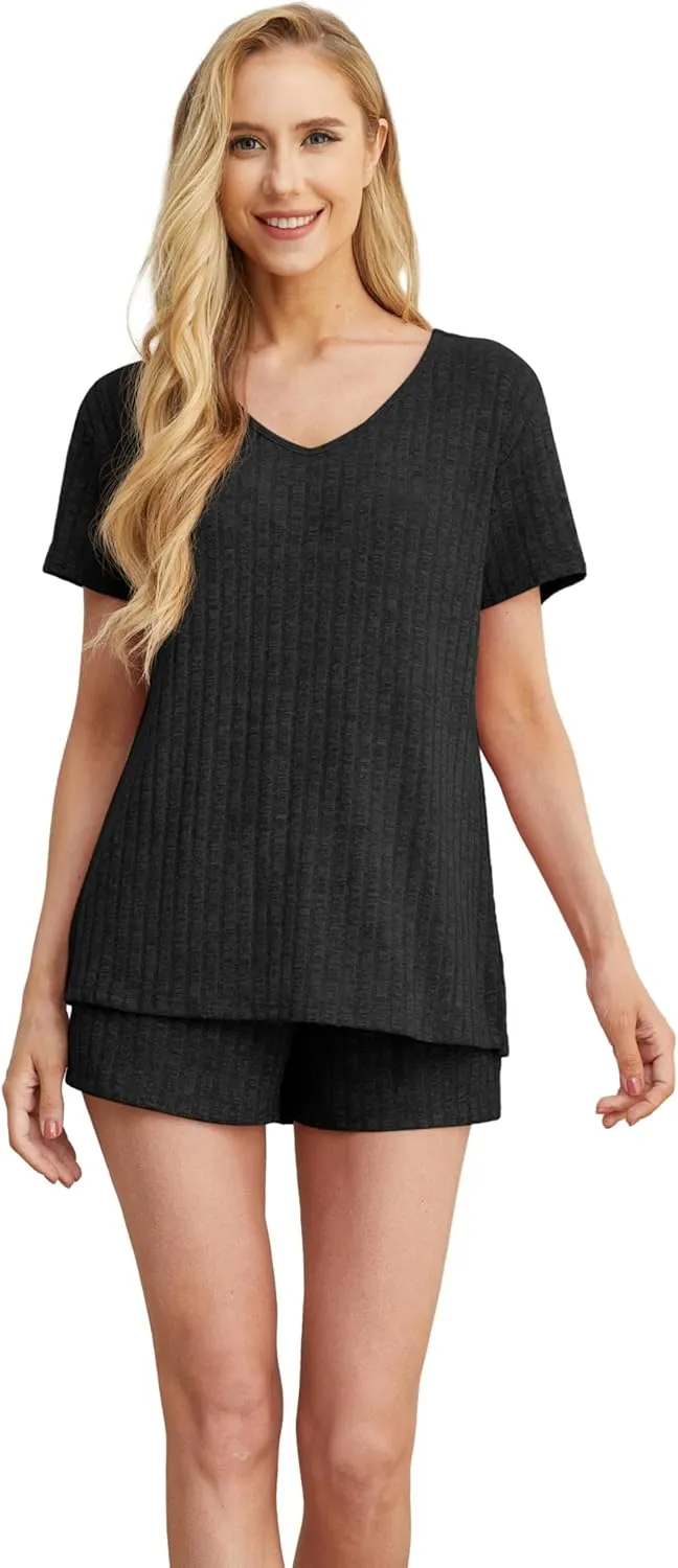 QIXING Womens Ribbed Knit Lounge Set Short Sleeve Top and Shorts Sleepwear Pajama Set Two Piece Shorts Outfits Set
