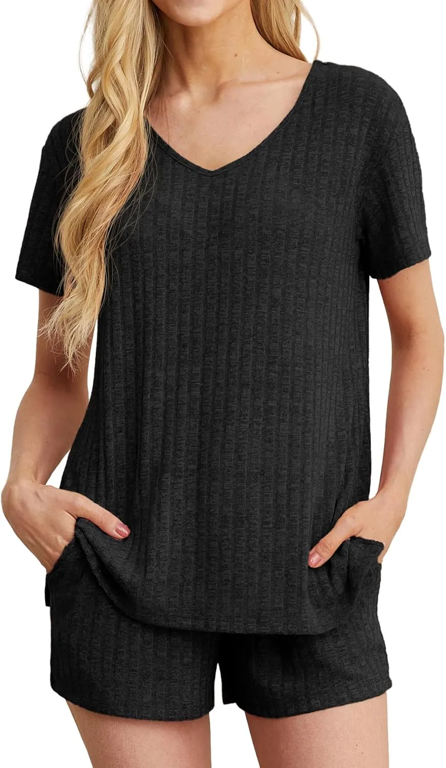 QIXING Womens Ribbed Knit Lounge Set Short Sleeve Top and Shorts Sleepwear Pajama Set Two Piece Shorts Outfits Set