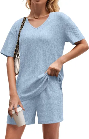 QIXING Womens Ribbed Knit Lounge Set Short Sleeve Top and Shorts Sleepwear Pajama Set Two Piece Shorts Outfits Set