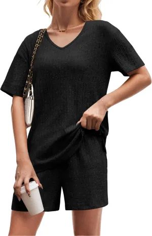 QIXING Womens Ribbed Knit Lounge Set Short Sleeve Top and Shorts Sleepwear Pajama Set Two Piece Shorts Outfits Set