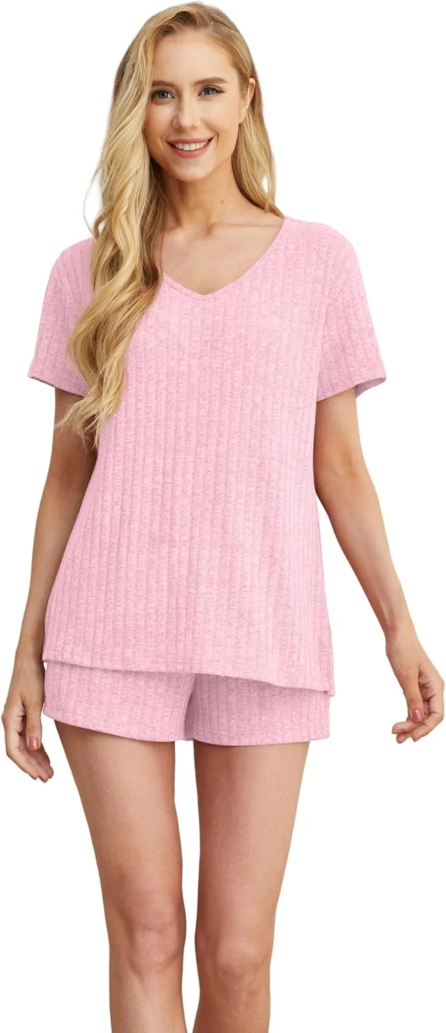 QIXING Womens Ribbed Knit Lounge Set Short Sleeve Top and Shorts Sleepwear Pajama Set Two Piece Shorts Outfits Set