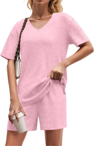 QIXING Womens Ribbed Knit Lounge Set Short Sleeve Top and Shorts Sleepwear Pajama Set Two Piece Shorts Outfits Set