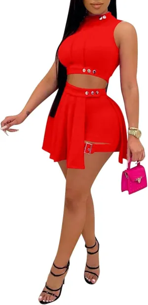 Remxi Women 2 Piece Outfits Jumpsuits Summer Sexy Sleeveless Crop Top Pleated Mini Skirt Biker Shorts Set Sweatsuit