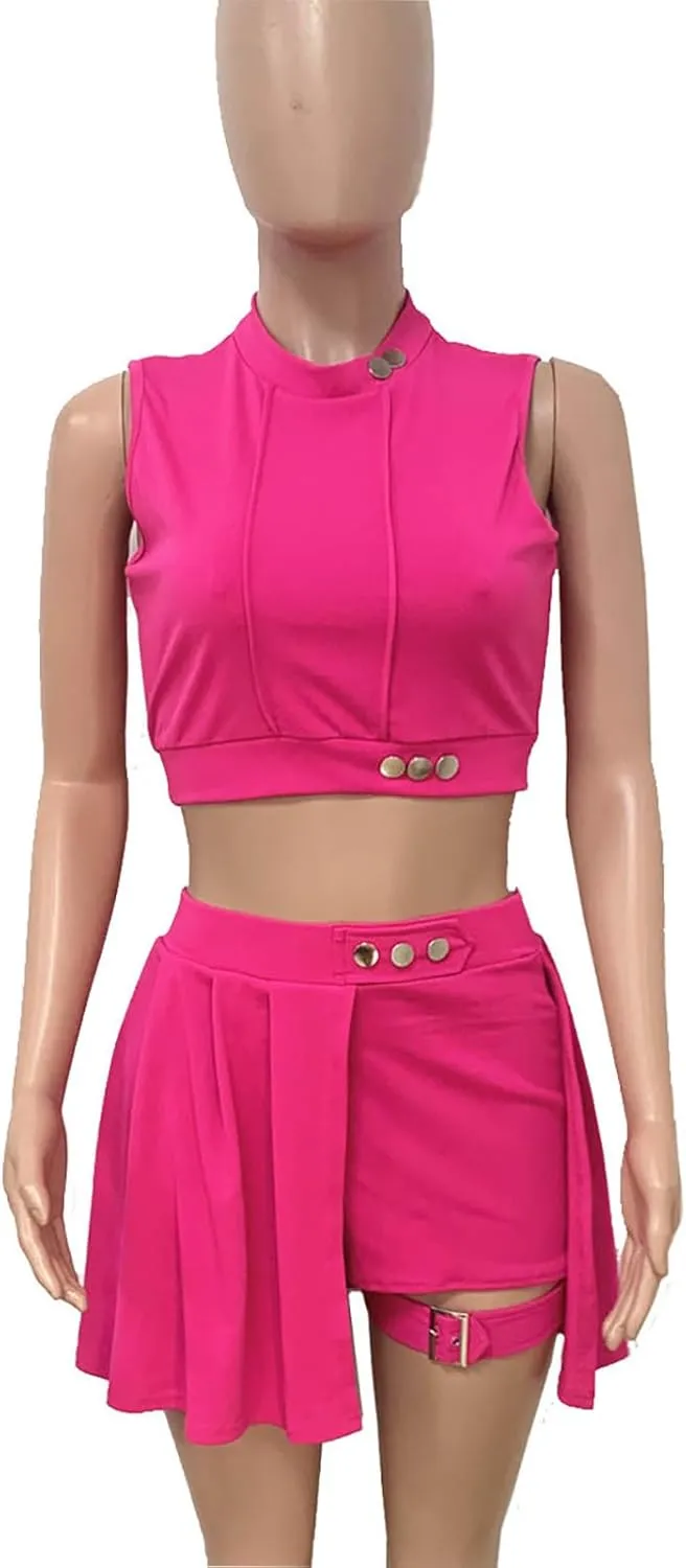Remxi Women 2 Piece Outfits Jumpsuits Summer Sexy Sleeveless Crop Top Pleated Mini Skirt Biker Shorts Set Sweatsuit