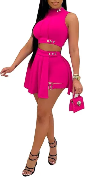 Remxi Women 2 Piece Outfits Jumpsuits Summer Sexy Sleeveless Crop Top Pleated Mini Skirt Biker Shorts Set Sweatsuit