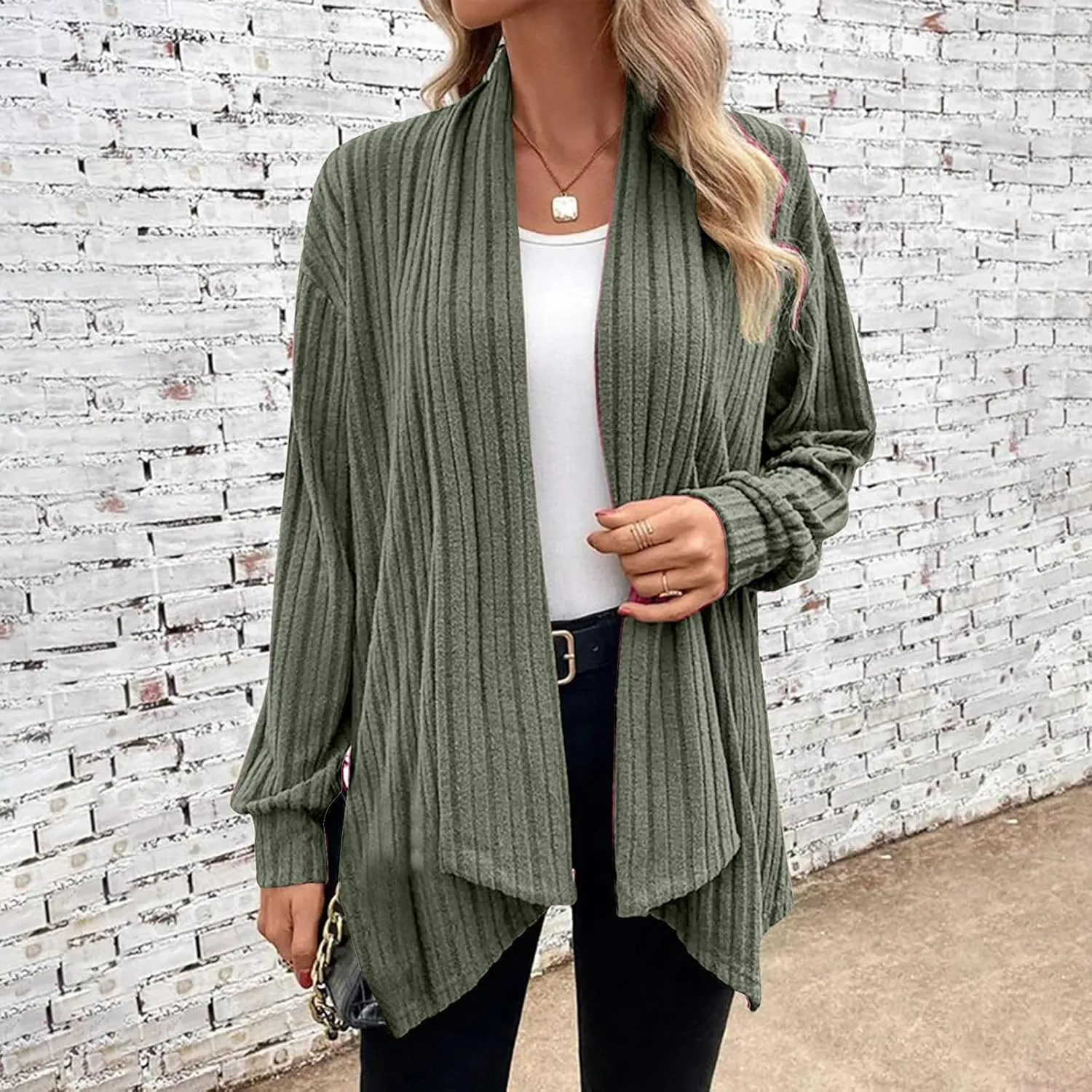 Ribbed Cardigan Women Dressy Irregular Hem Long Sleeve Striped Knit Sweater Open Front Loose Outerwear Loungewear