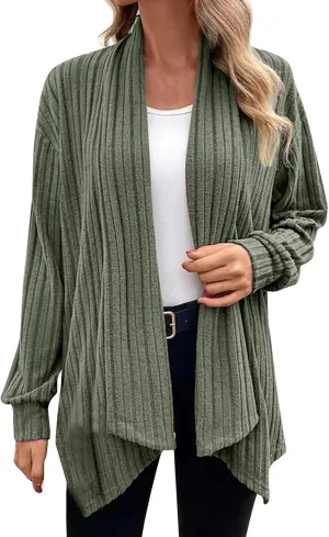 Ribbed Cardigan Women Dressy Irregular Hem Long Sleeve Striped Knit Sweater Open Front Loose Outerwear Loungewear