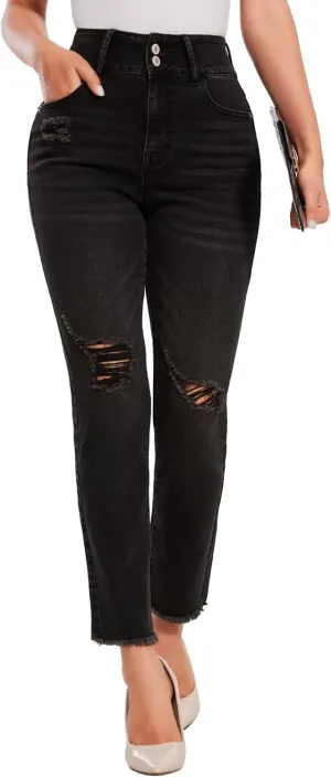 SEASUM Women's High Waisted Jeans Stretch Raw Hem Straight Leg Denim Pants Cargo Jeans with Pockets